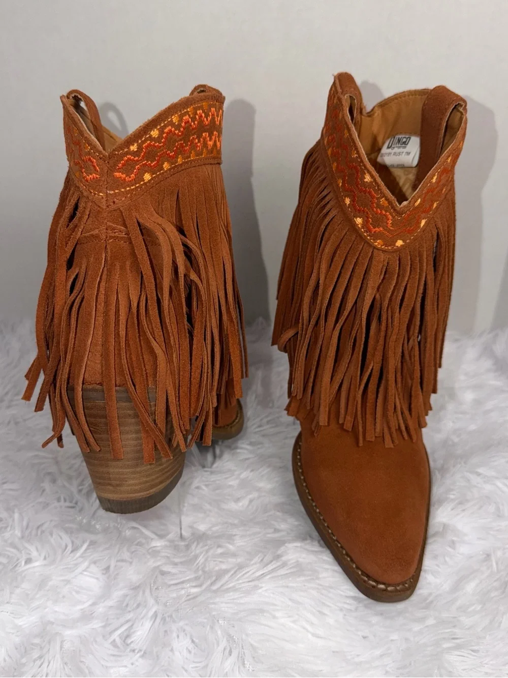 Dingo Women's Brown Suede Tapadero Snip Toe Bootie with Fringe